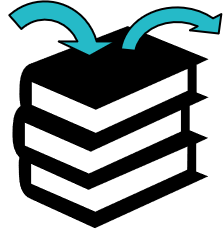 A visual depiction of a stack: a pile of books with an arrow pointing from the left to the top book, and an arrow from the top of the book point to the right.