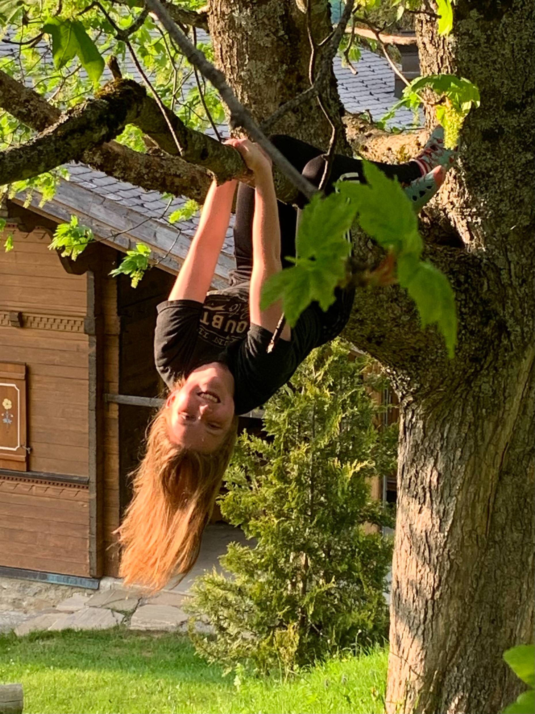 Sophia hanging upside down out of a tree and smiling